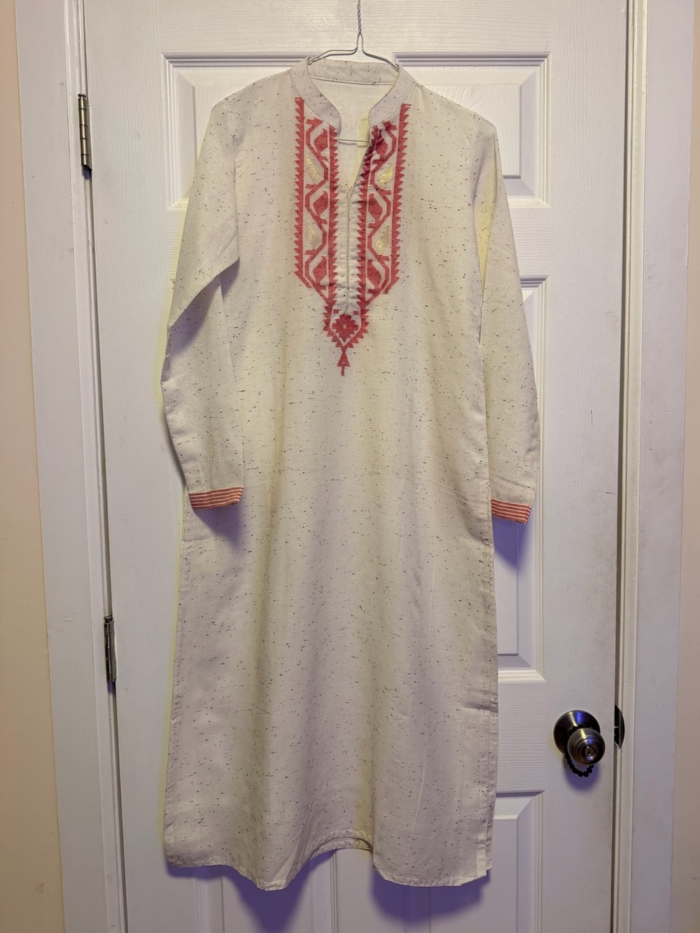 Embroidered Ivory Tunic Dress with Coral Accents